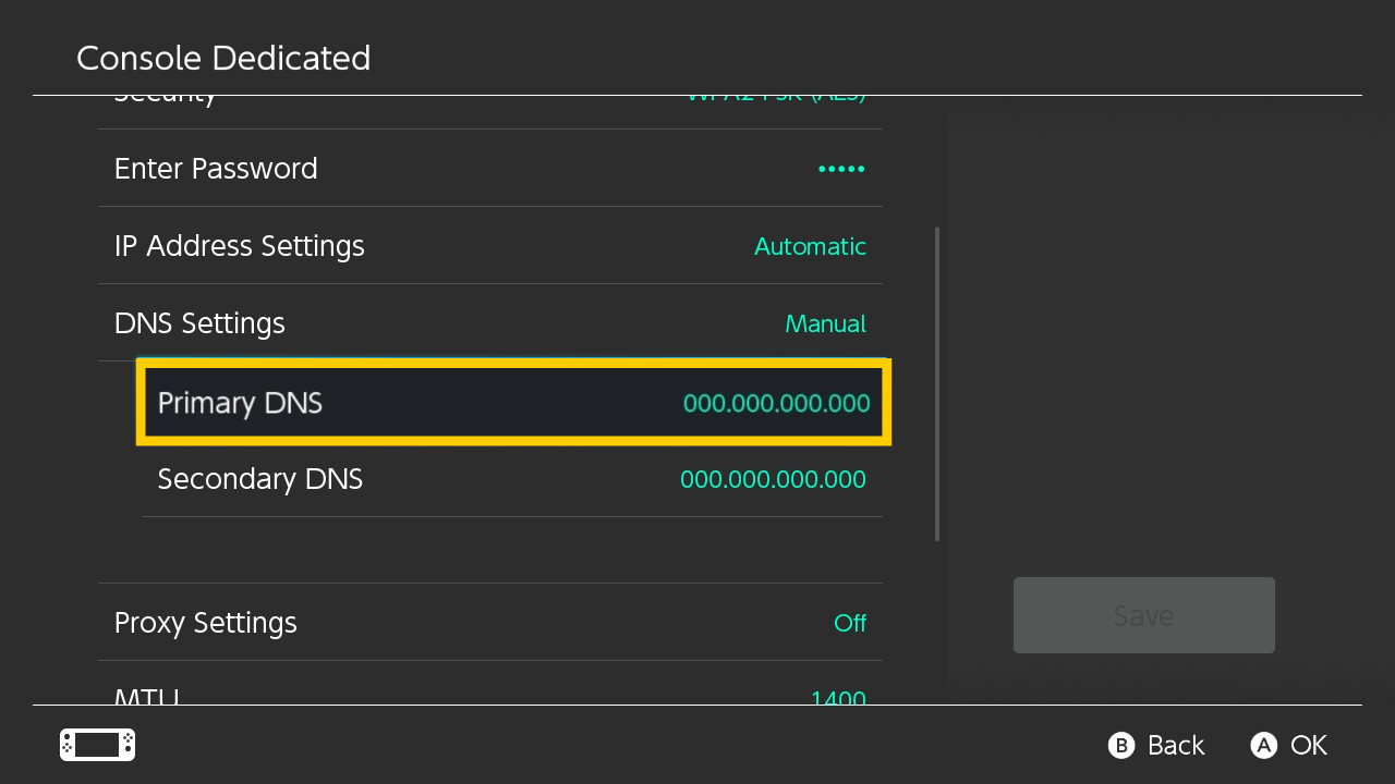 Das Menü „Netzwerkeinstellungen“ der Nintendo Switch, in dem das Feld „Primäres DNS“ durch einen gelben Rahmen hervorgehoben ist.