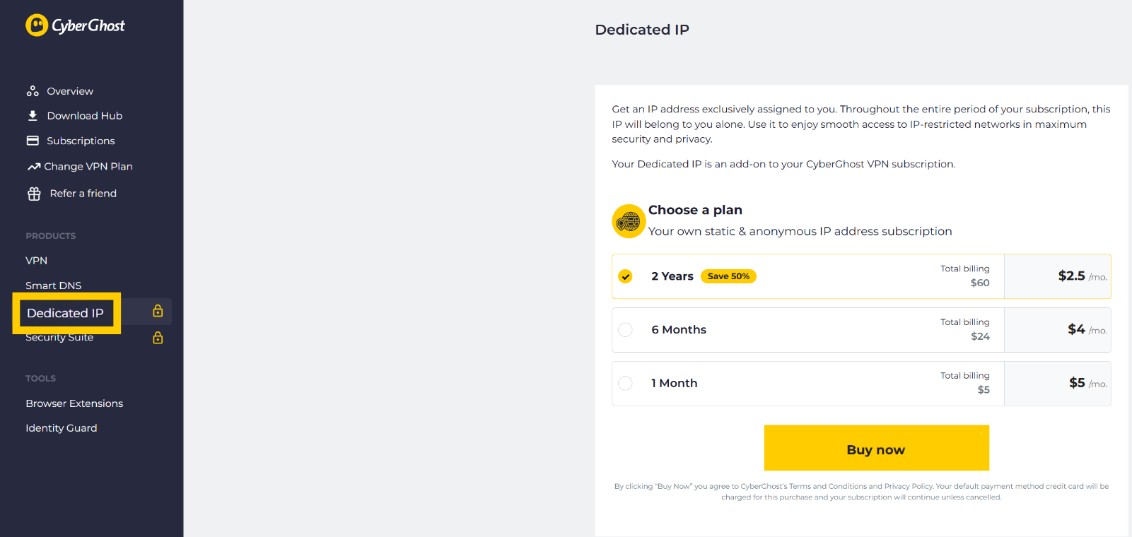Page de compte CyberGhost avec l'option d’IP dédiée mise en évidence.