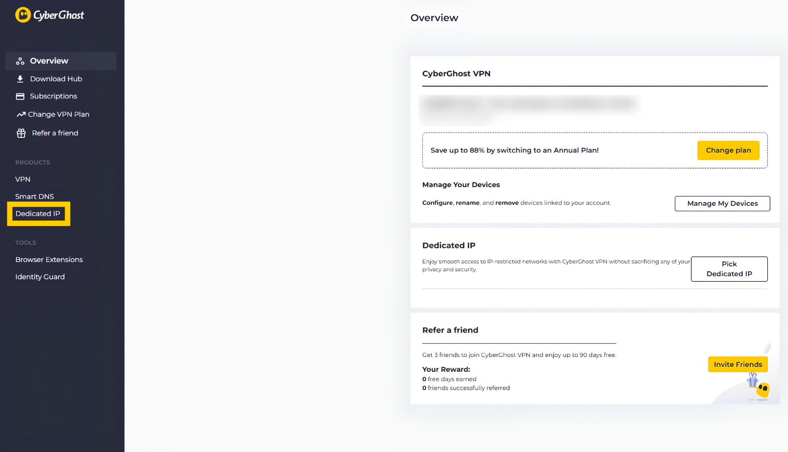 Tableau de bord de compte CyberGhost VPN sur ordinateur. L'onglet IP dédiée est mis en évidence.