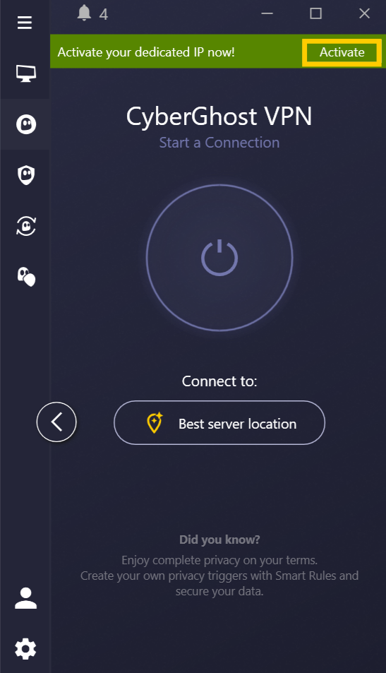 Interface de l'application CyberGhost VPN sous Windows. Le bouton Activer est mis en évidence.