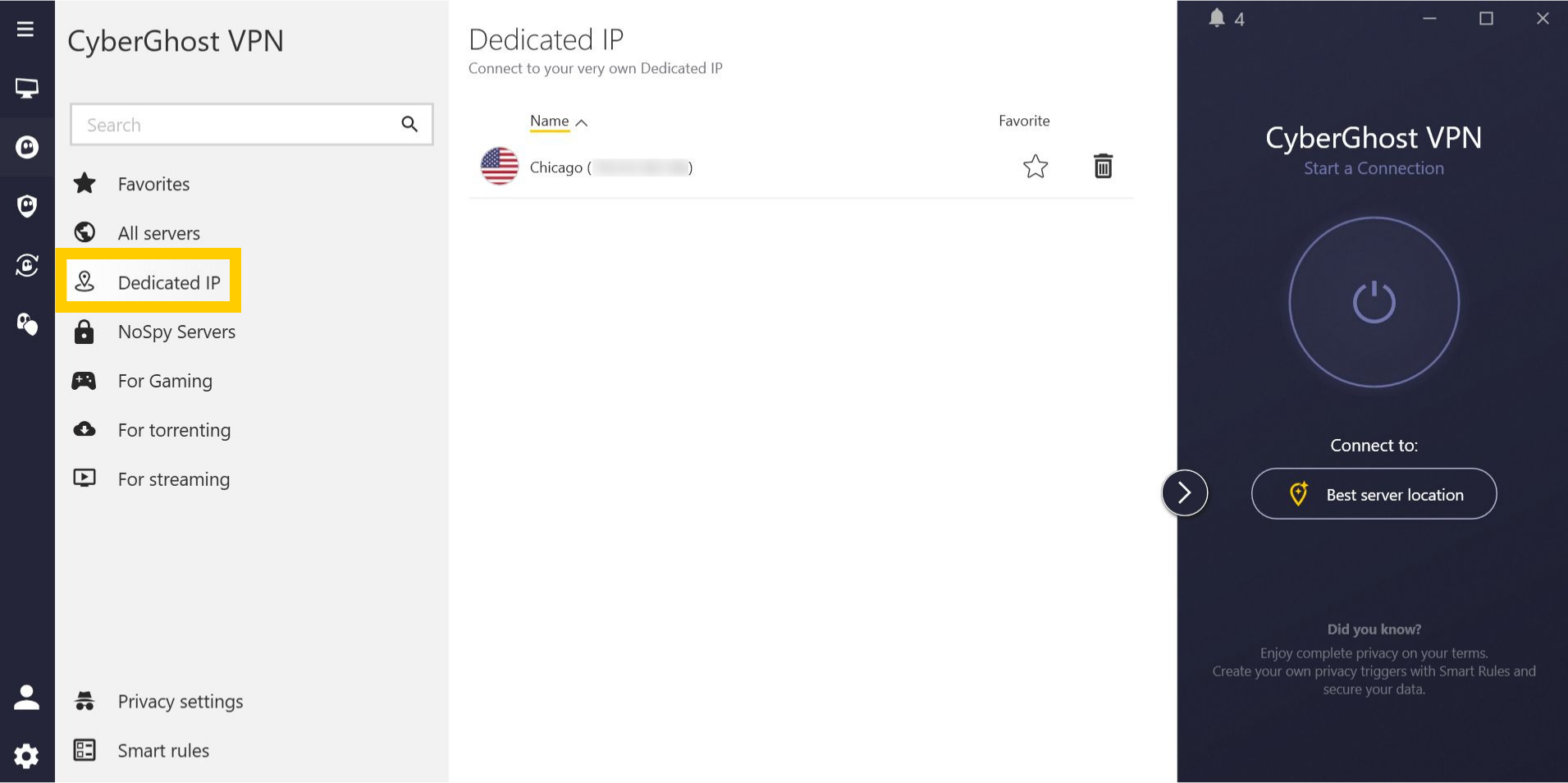 Interface de l'application CyberGhost VPN sous Windows. L'onglet IP dédiée est mis en évidence.