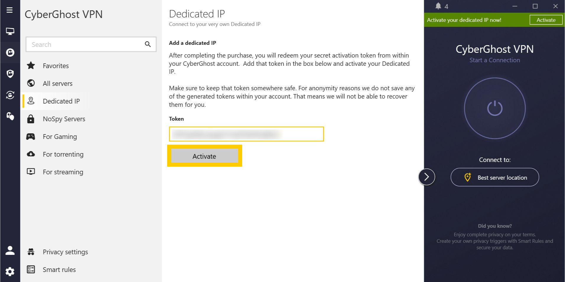 Interface de l'application CyberGhost VPN sous Windows, affichant l'onglet de configuration IP dédiée. Le bouton Activer est mis en évidence.