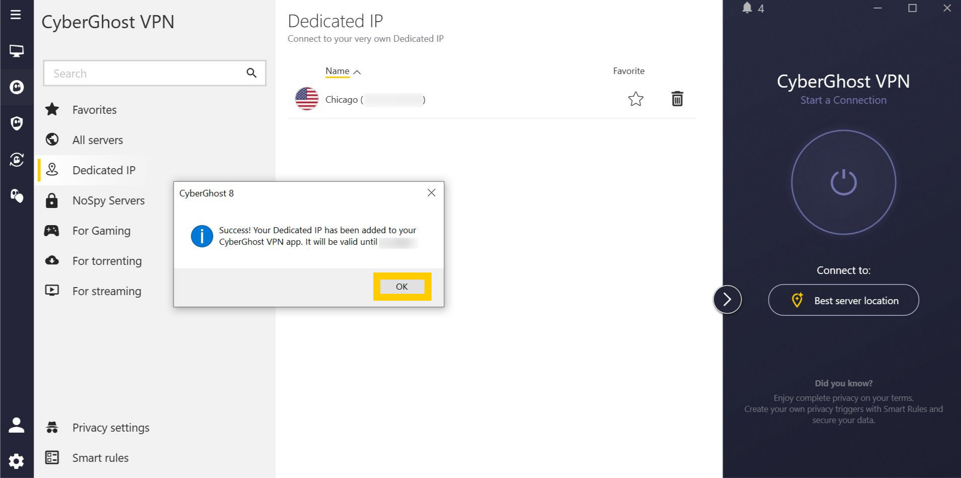 Interface de l'application CyberGhost VPN sous Windows, affichant un message confirmant la configuration réussie d'une IP dédiée. Le bouton OK est mis en évidence.