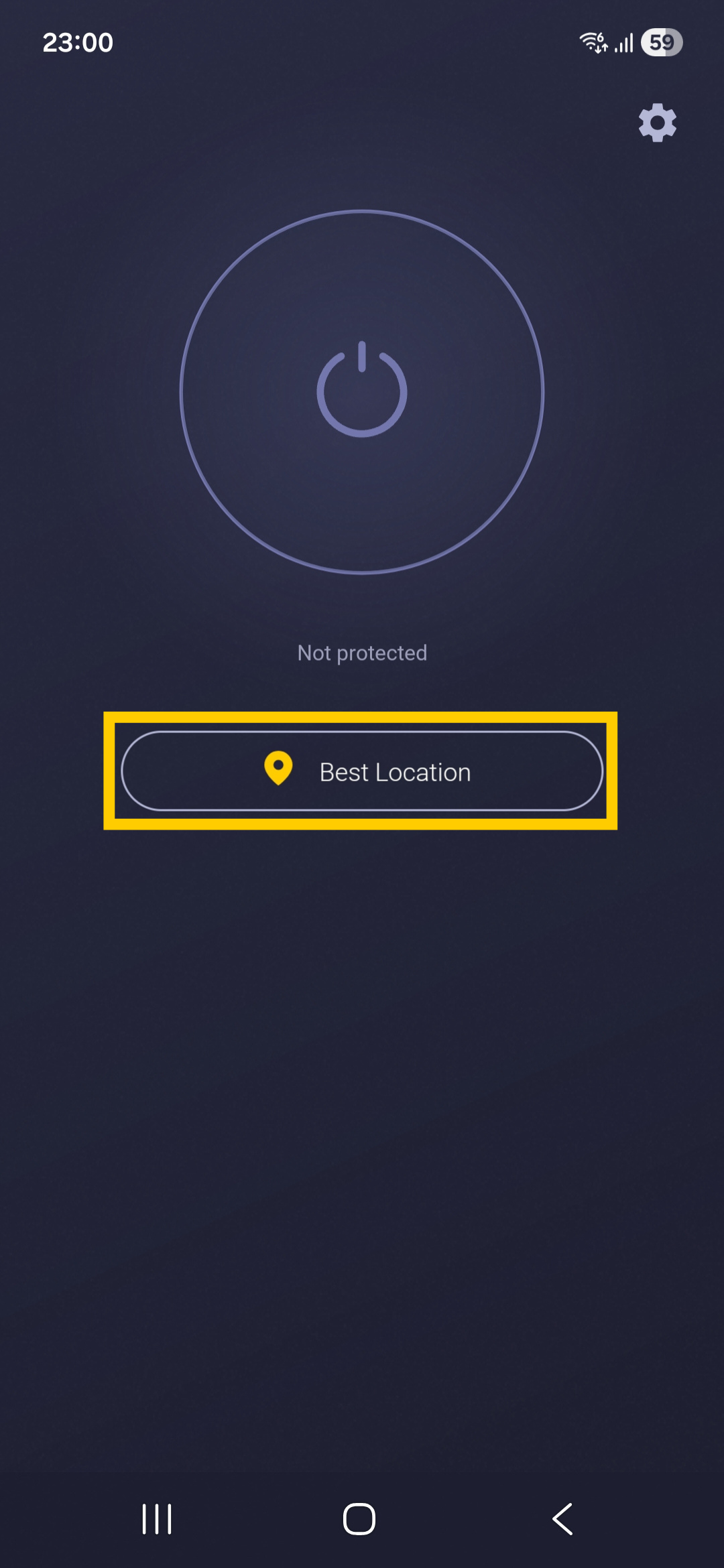 Interface de l'application CyberGhost VPN sur Android, affichant l'écran d'accueil. Le widget de localisation de serveur est mis en évidence.