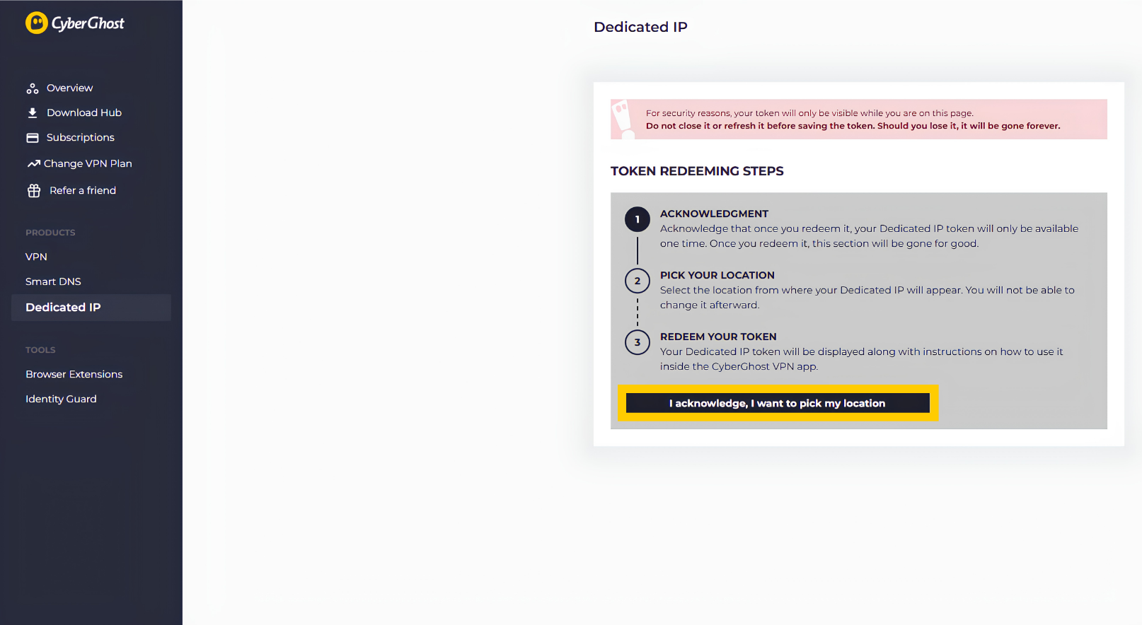 Onglet IP dédiée de CyberGhost VPN dans le tableau de bord de compte. Le bouton J’accepte et souhaite choisir mon emplacement est mis en évidence.