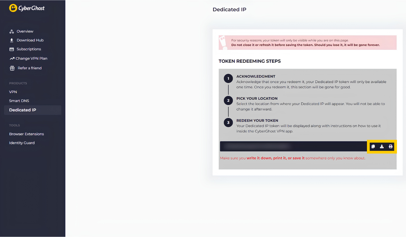 Onglet IP dédiée de CyberGhost VPN dans le tableau de bord de compte, affichant un token d'IP dédiée. Les icônes de copie, de téléchargement et d'impression du token sont mises en évidence.