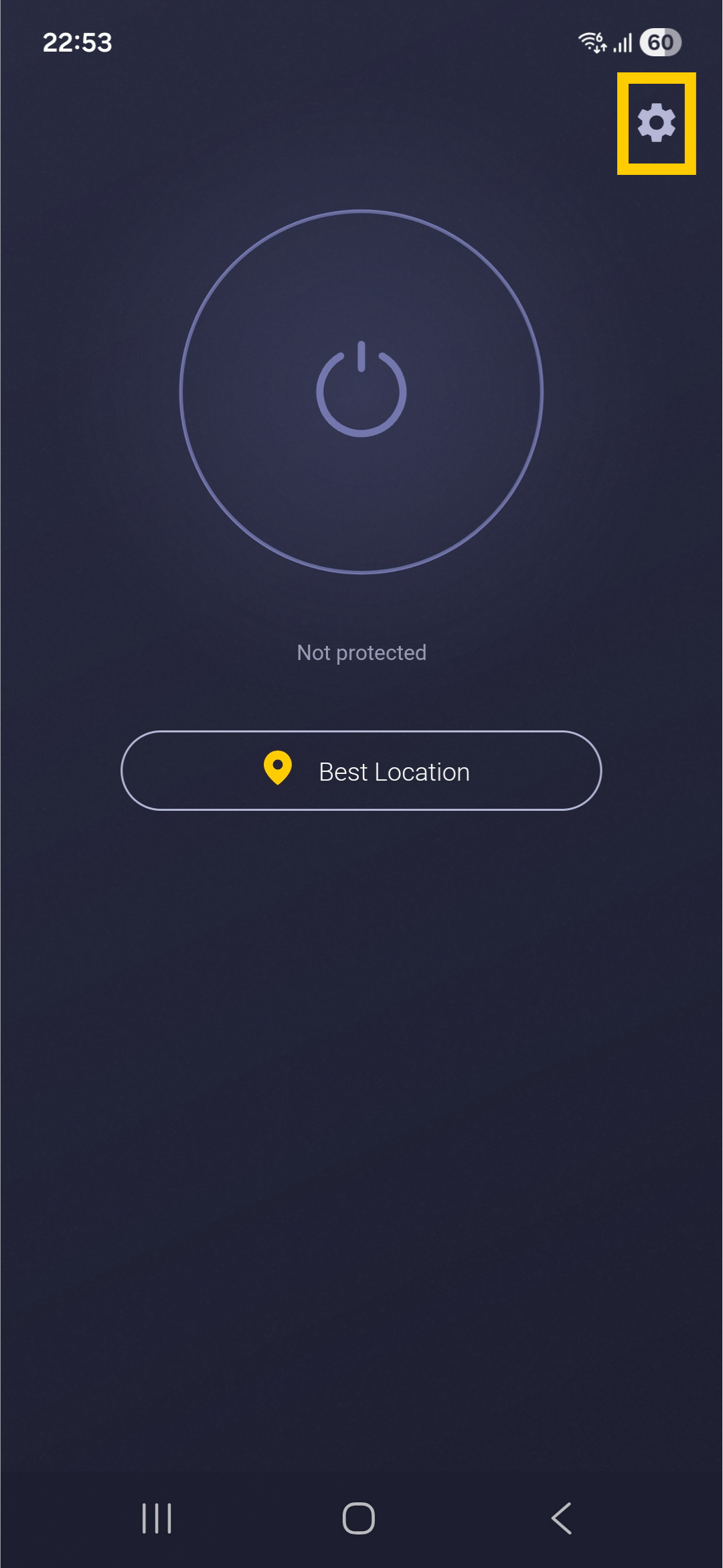 Interface de l'application CyberGhost VPN sur Android, affichant l'écran d'accueil. L'icône en forme d’engrenage est mise en évidence.
