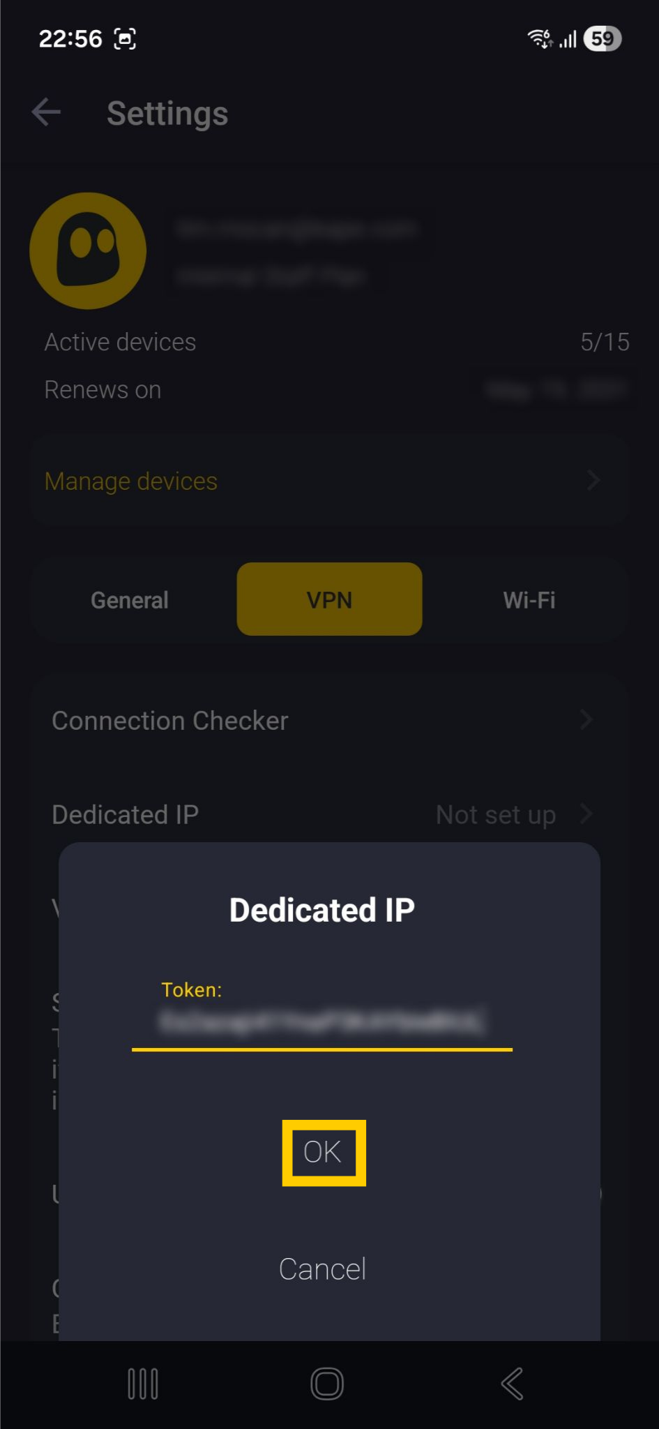 Interface de l'application CyberGhost VPN sur Android affichant l'écran d'activation de l'adresse IP dédiée. Le bouton OK est mis en évidence.