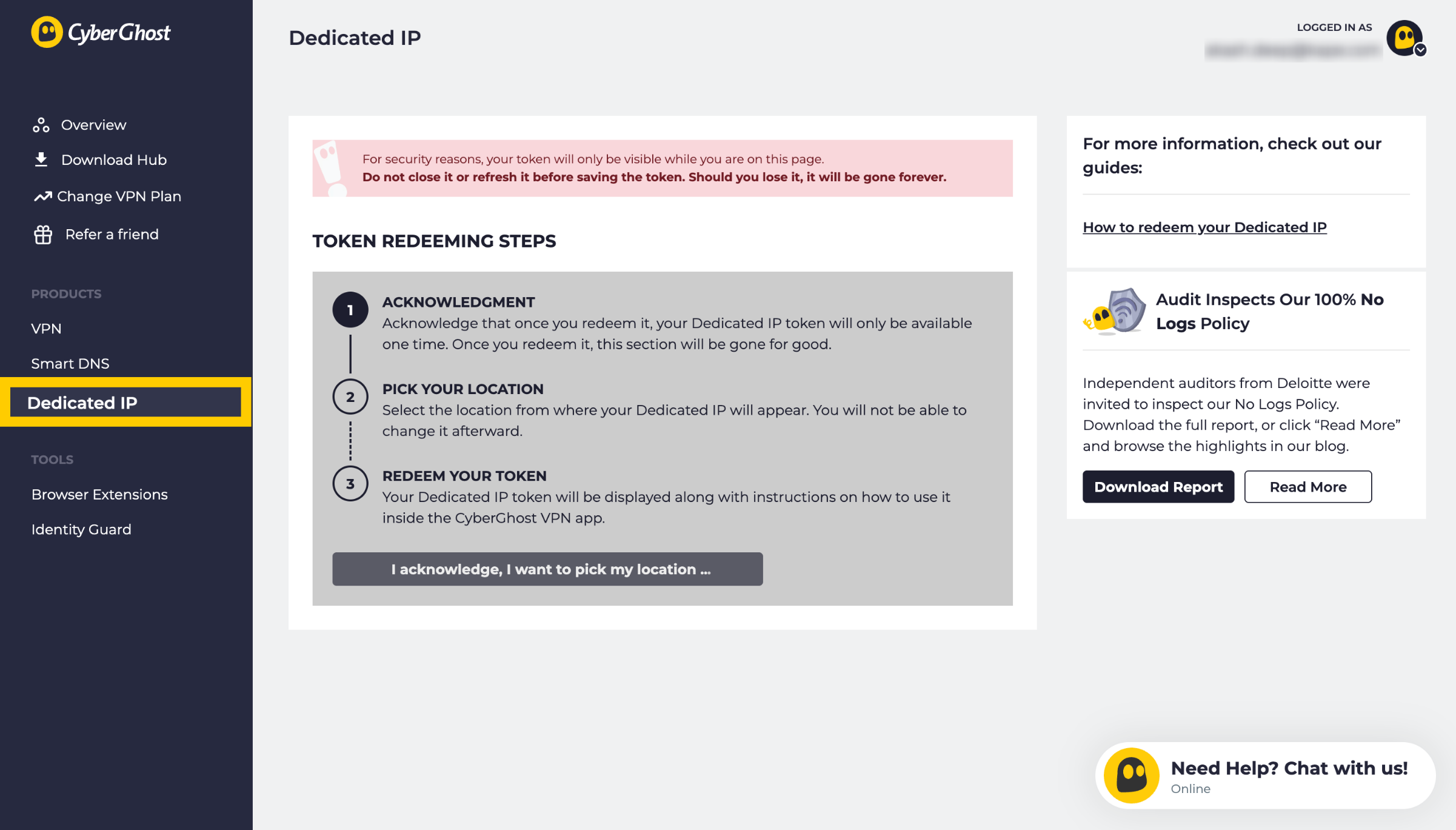 Page dédiée à l'IP dédiée dans le compte CyberGhost, indiquant les étapes pour utiliser le token.