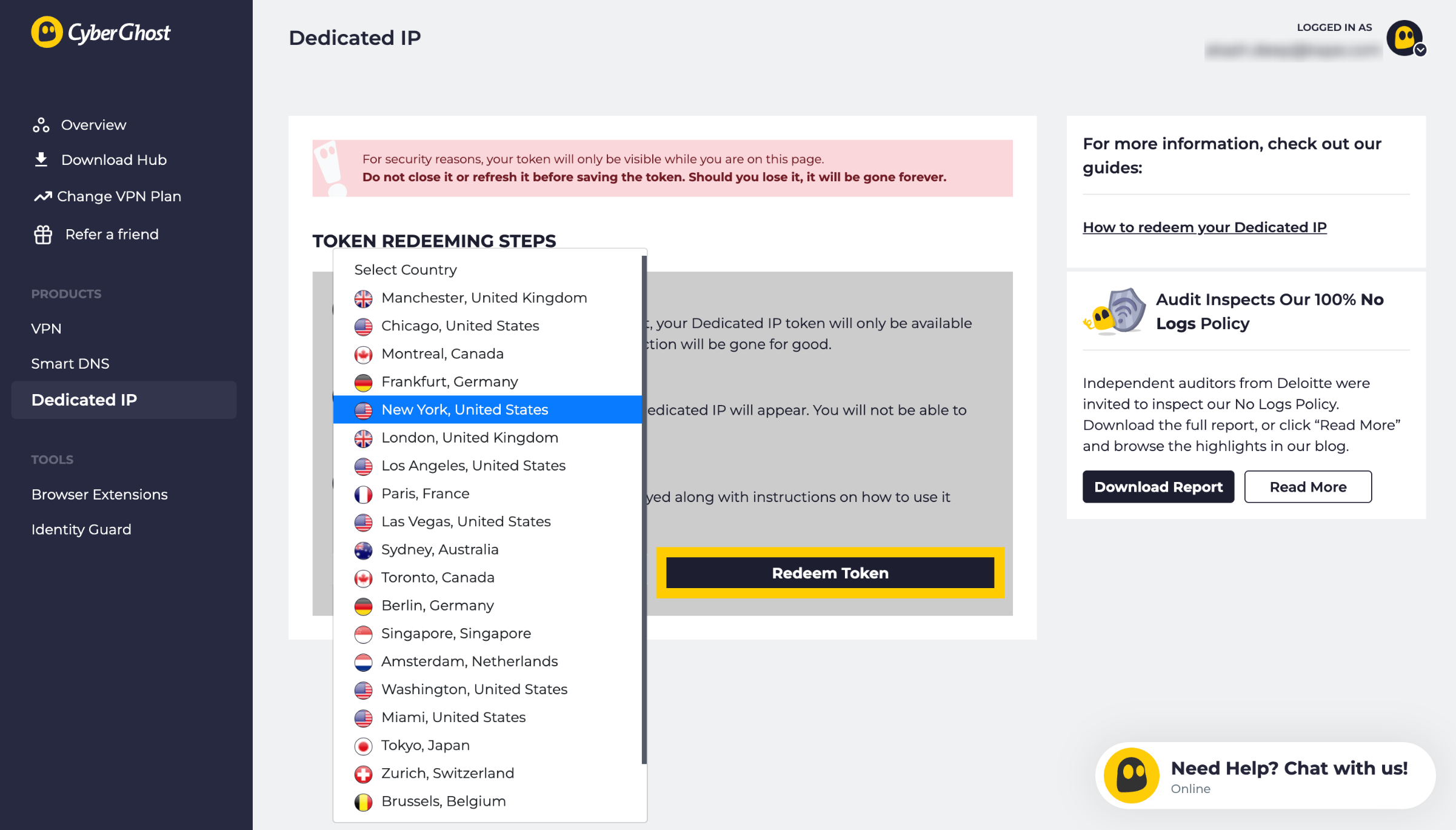Page dédiée à l'adresse IP dédiée dans le compte CyberGhost, affichant l'étape de sélection de l'emplacement.