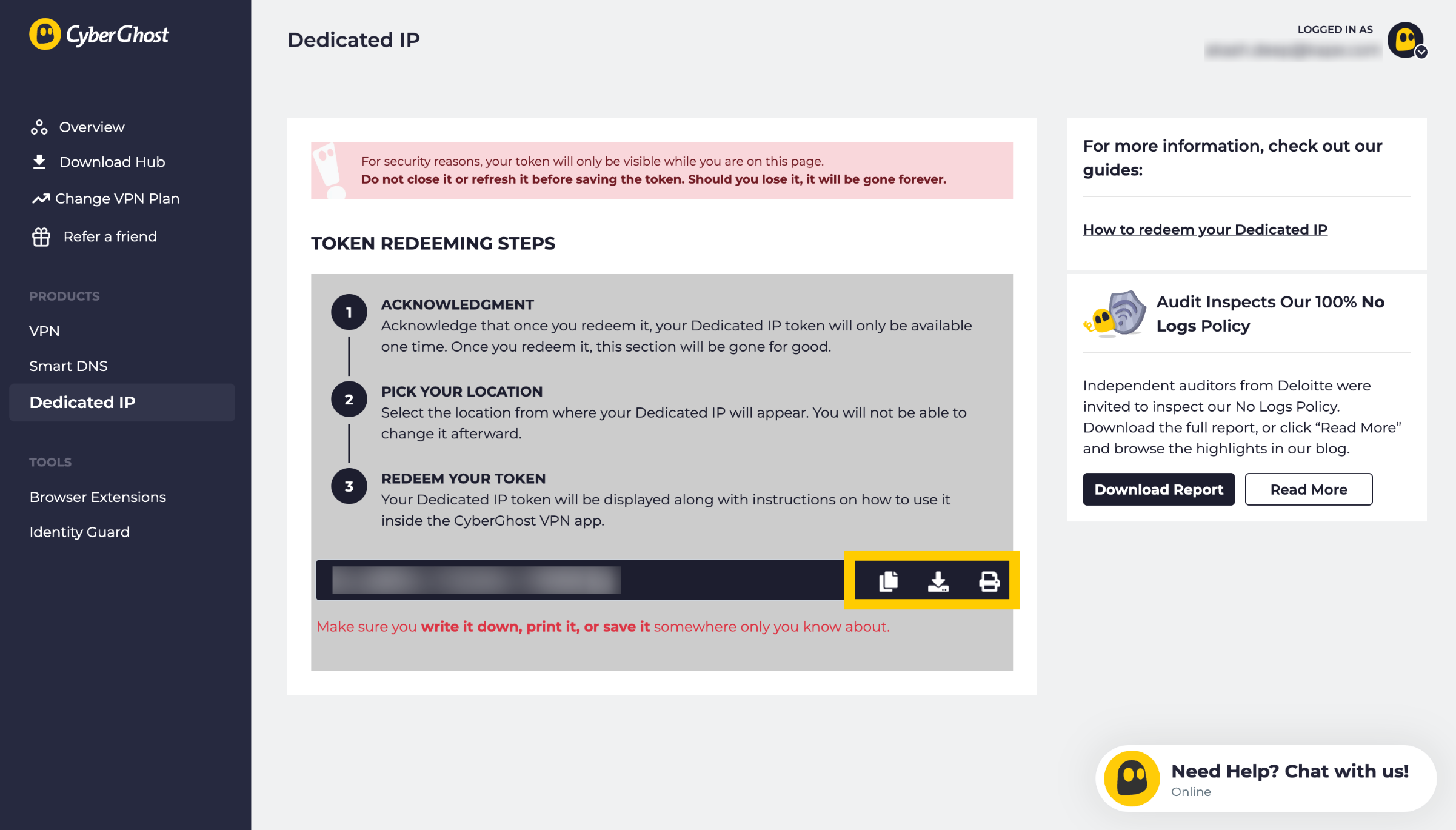 Page IP dédiée de CyberGhost, avec les options de copie, de téléchargement et d'impression mises en évidence.