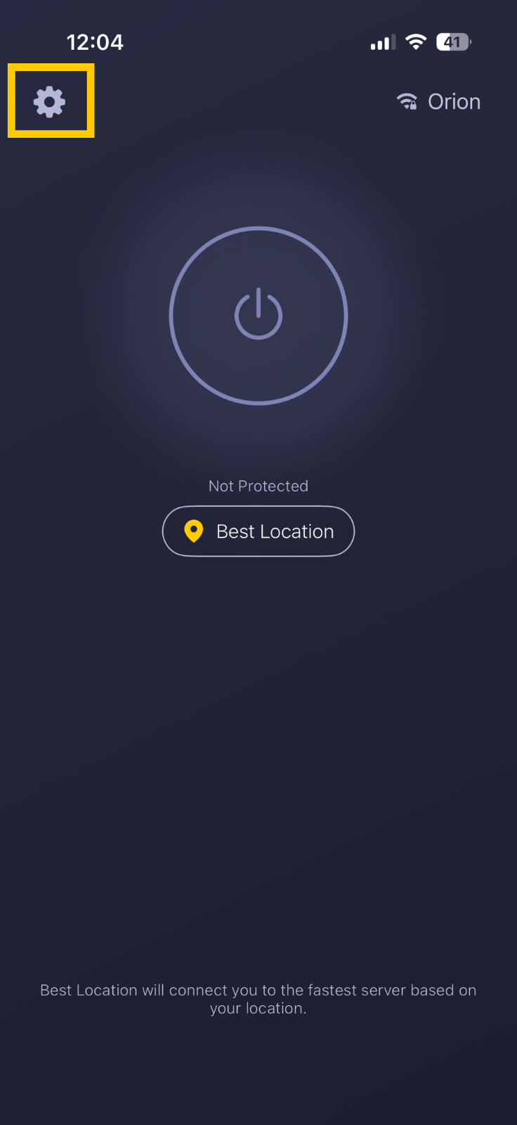 Écran d'accueil de l'application iOS CyberGhost avec l'icône des paramètres en évidence.
