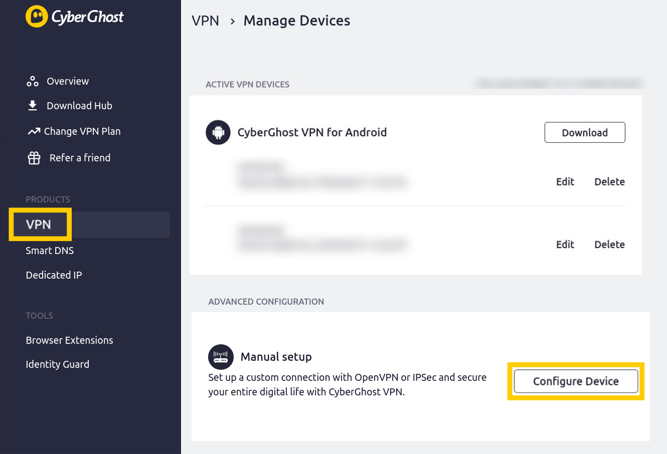 Die Benutzeroberfläche von CyberGhost, auf der die Optionen „VPN“ und „Gerät konfigurieren“ hervorgehoben sind.
