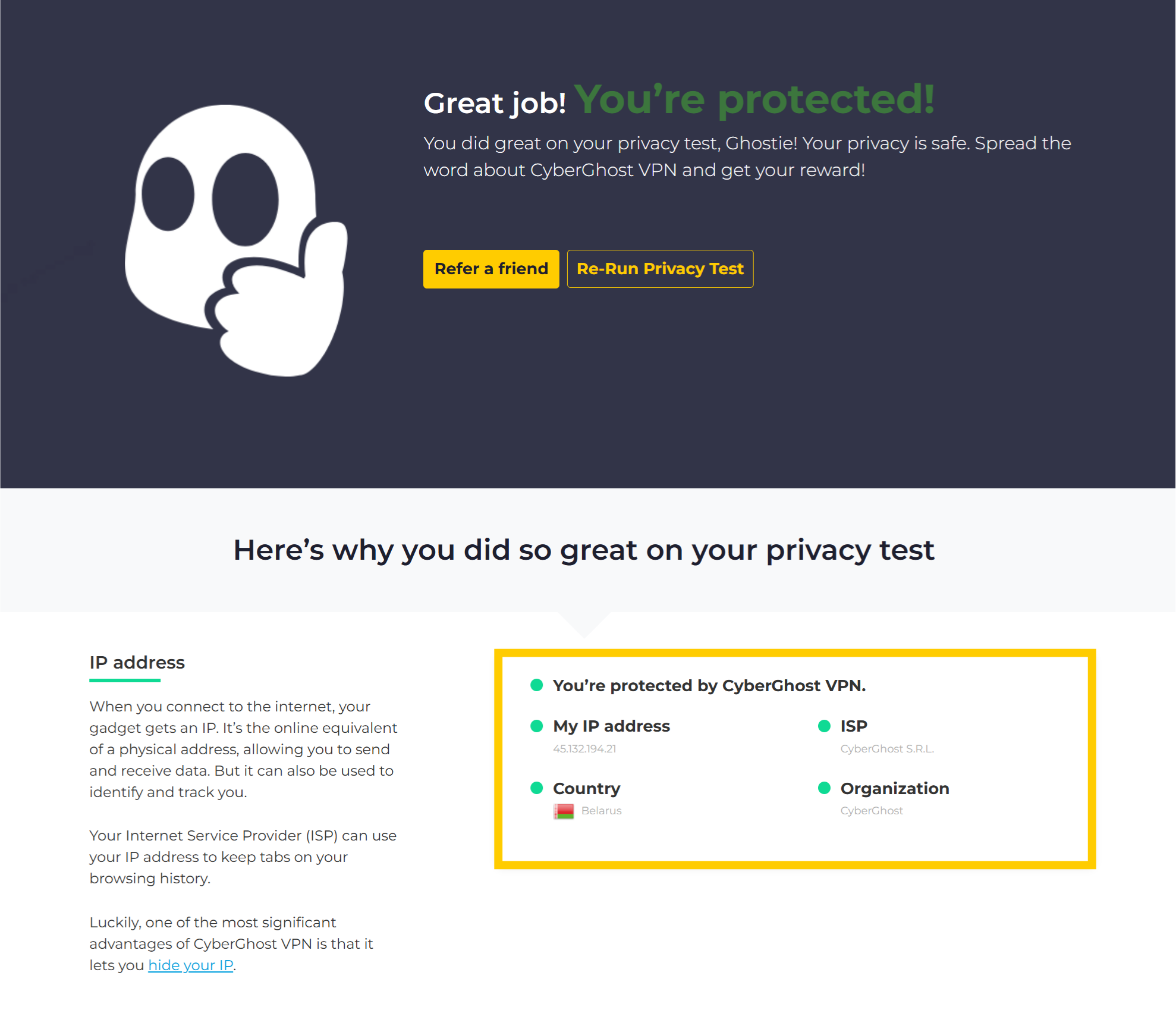  Résultats du test de confidentialité de CyberGhost VPN.