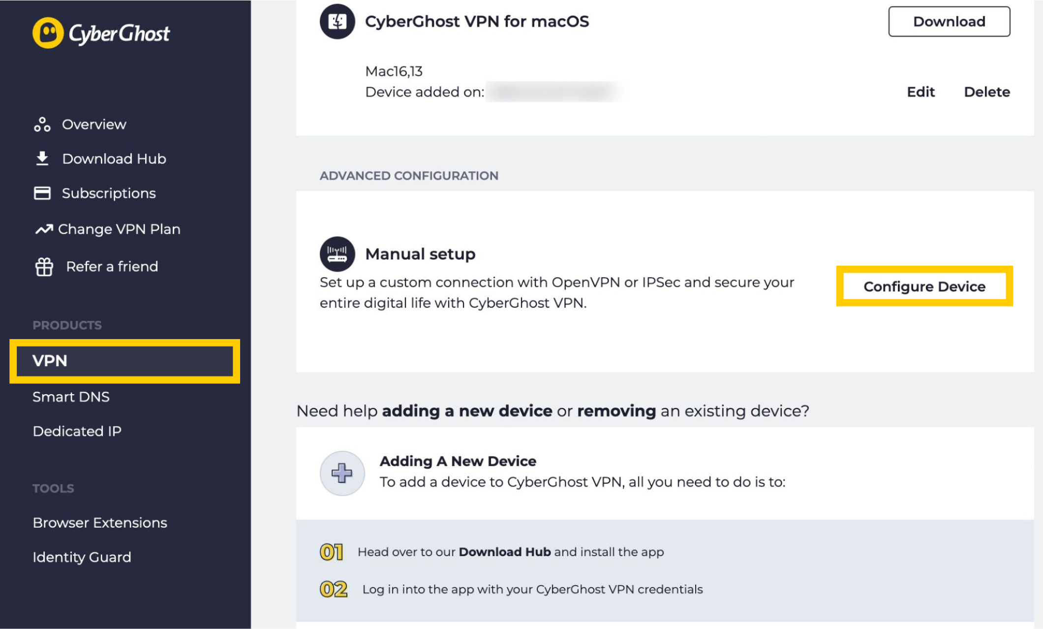 Tableau de bord de compte CyberGhost VPN affichant l'onglet VPN. L'onglet VPN et le bouton Configurer l'appareil sont mis en évidence.