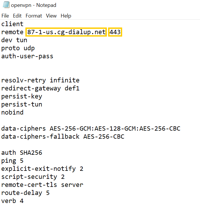 Fichier OpenVPN pour la configuration d'un serveur CyberGhost VPN, mettant en évidence l'adresse du serveur et les numéros de port.
