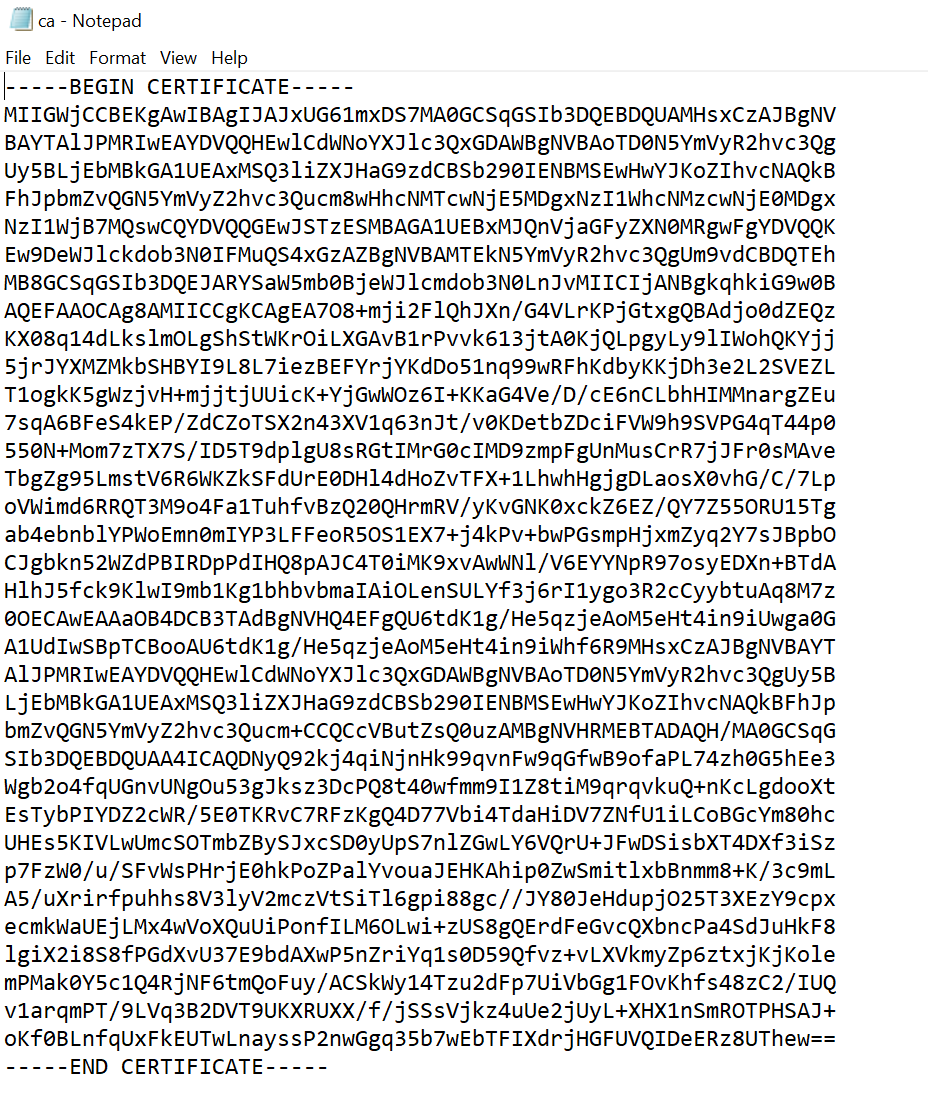 Contenu du fichier ca.crt de CyberGhost VPN dans un éditeur de texte.