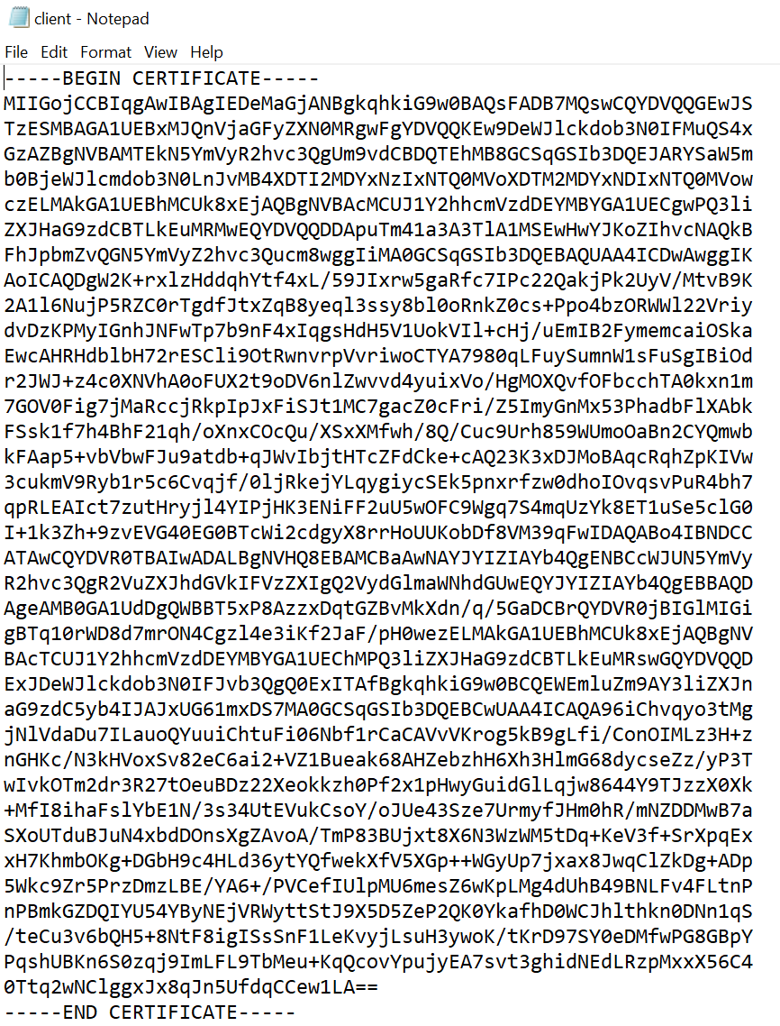 Contenu du fichier client.crt de CyberGhost VPN dans un éditeur de texte.