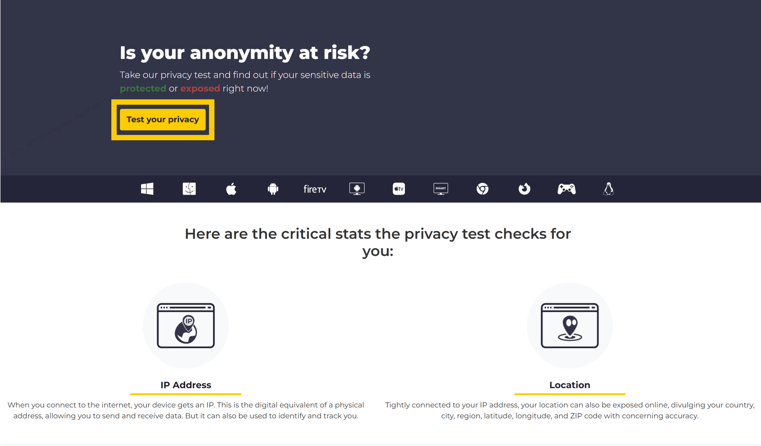 Test de confidentialité CyberGhost VPN. Le bouton Vérifiez l’état de votre confidentialité est mis en évidence.