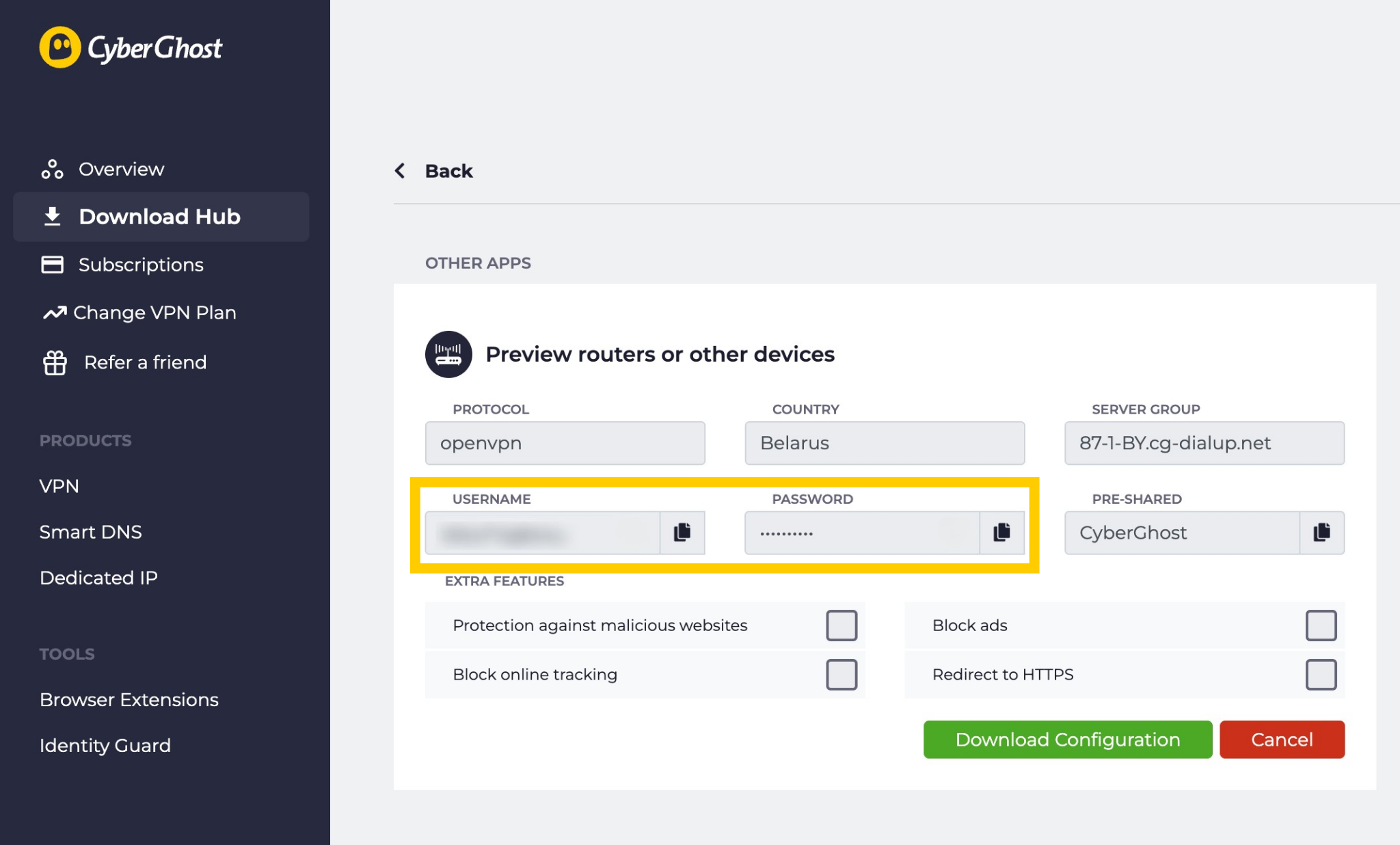 Das Dashboard deines Kontos bei CyberGhost VPN, auf dem eine gespeicherte Serverkonfiguration angezeigt wird. Die Felder für Benutzername und Passwort sind hervorgehoben.