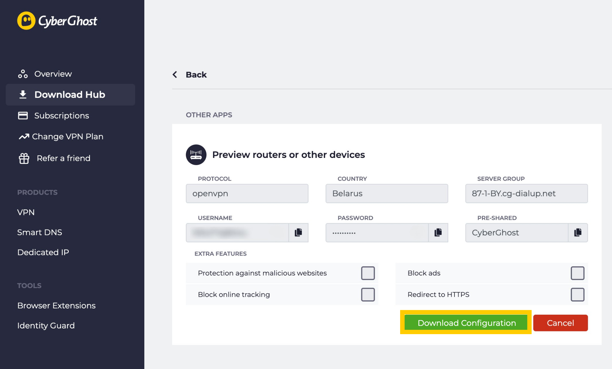 Das Dashboard deines Kontos bei CyberGhost VPN, auf dem eine gespeicherte Serverkonfiguration angezeigt wird. Die Schaltfläche „Konfiguration herunterladen“ ist hervorgehoben.