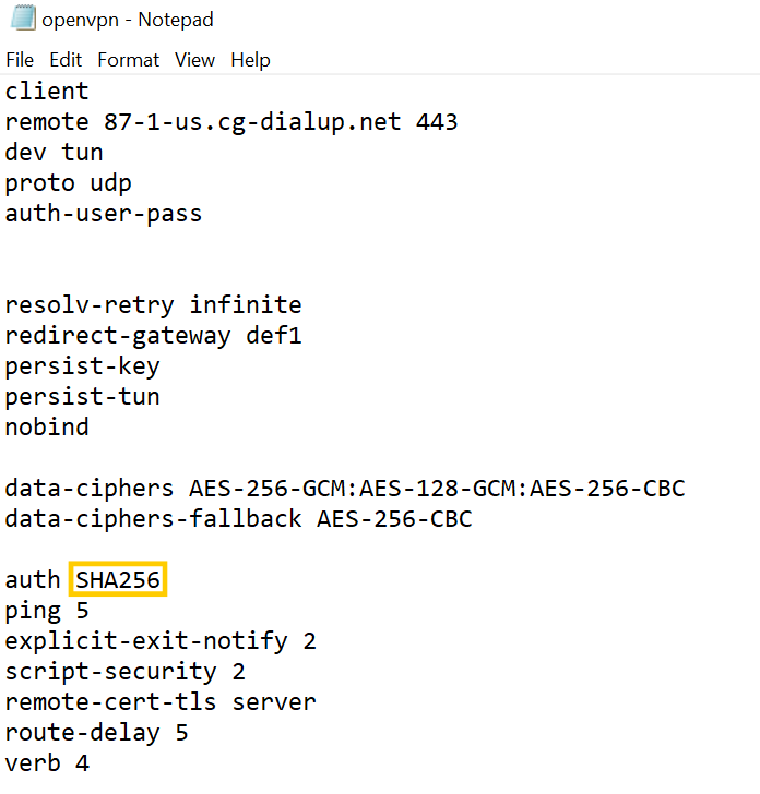 OpenVPN-Datei für eine Serverkonfiguration von CyberGhost VPN, in der „SHA256“ hervorgehoben ist.