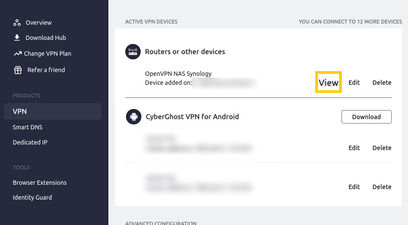 Paramètres de CyberGhost VPN avec l'option Voir en évidence, pour la configuration du routeur.