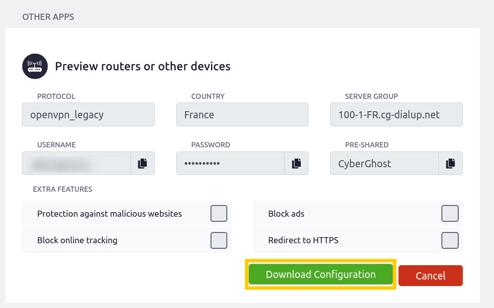 Configuration du routeur CyberGhost avec l'option Télécharger la configuration en évidence.