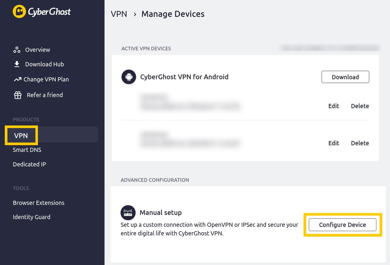  Interface de CyberGhost avec les options VPN et Configurer l'appareil en évidence.