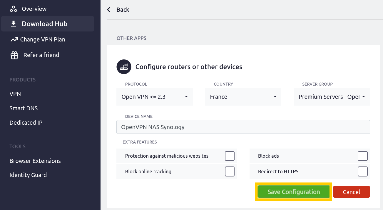  Interface de CyberGhost avec l'option Enregistrer la configuration en évidence.