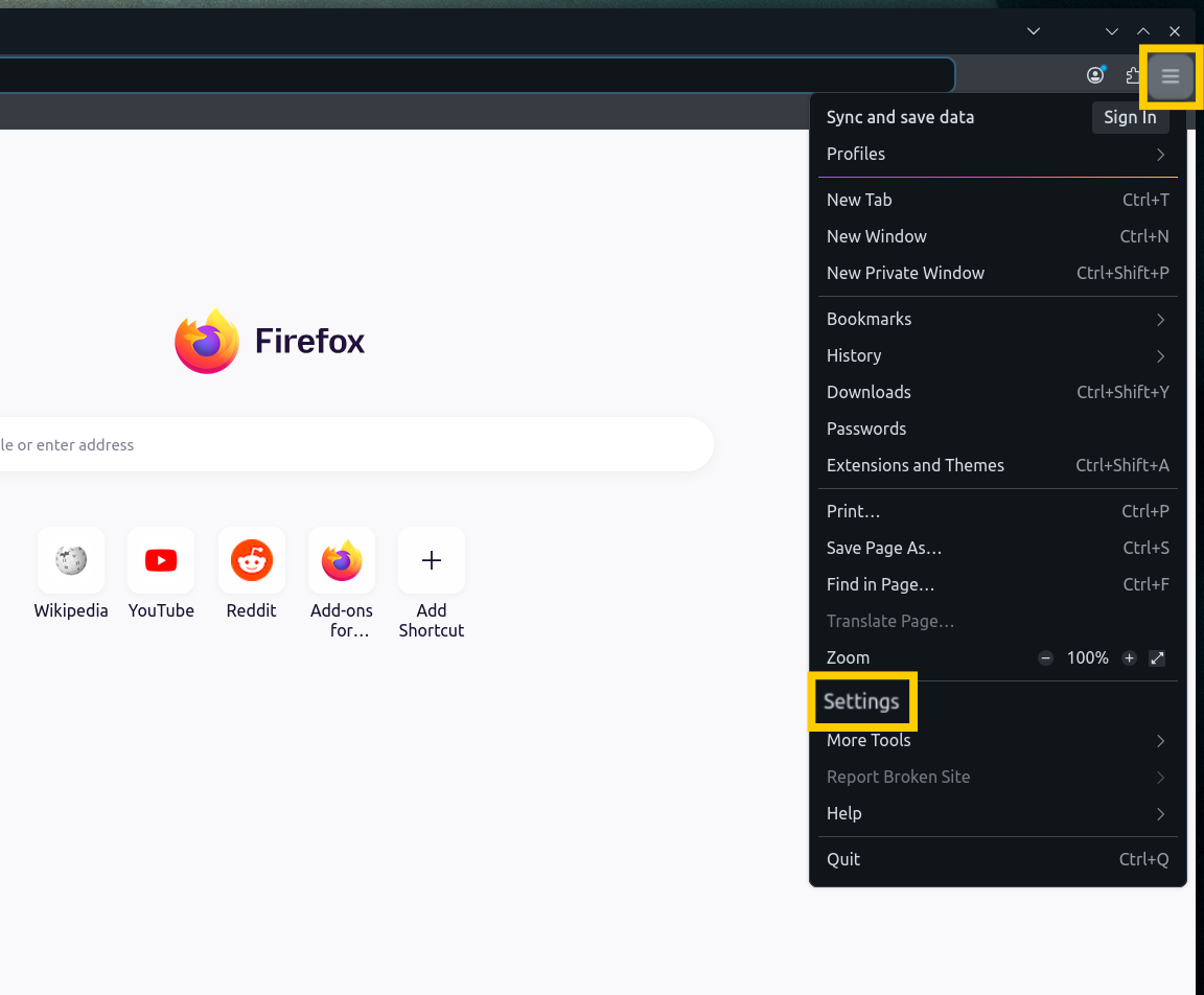 Der Firefox-Browser zeigt die Menüschaltfläche an, wobei die Option „Einstellungen“ hervorgehoben ist.