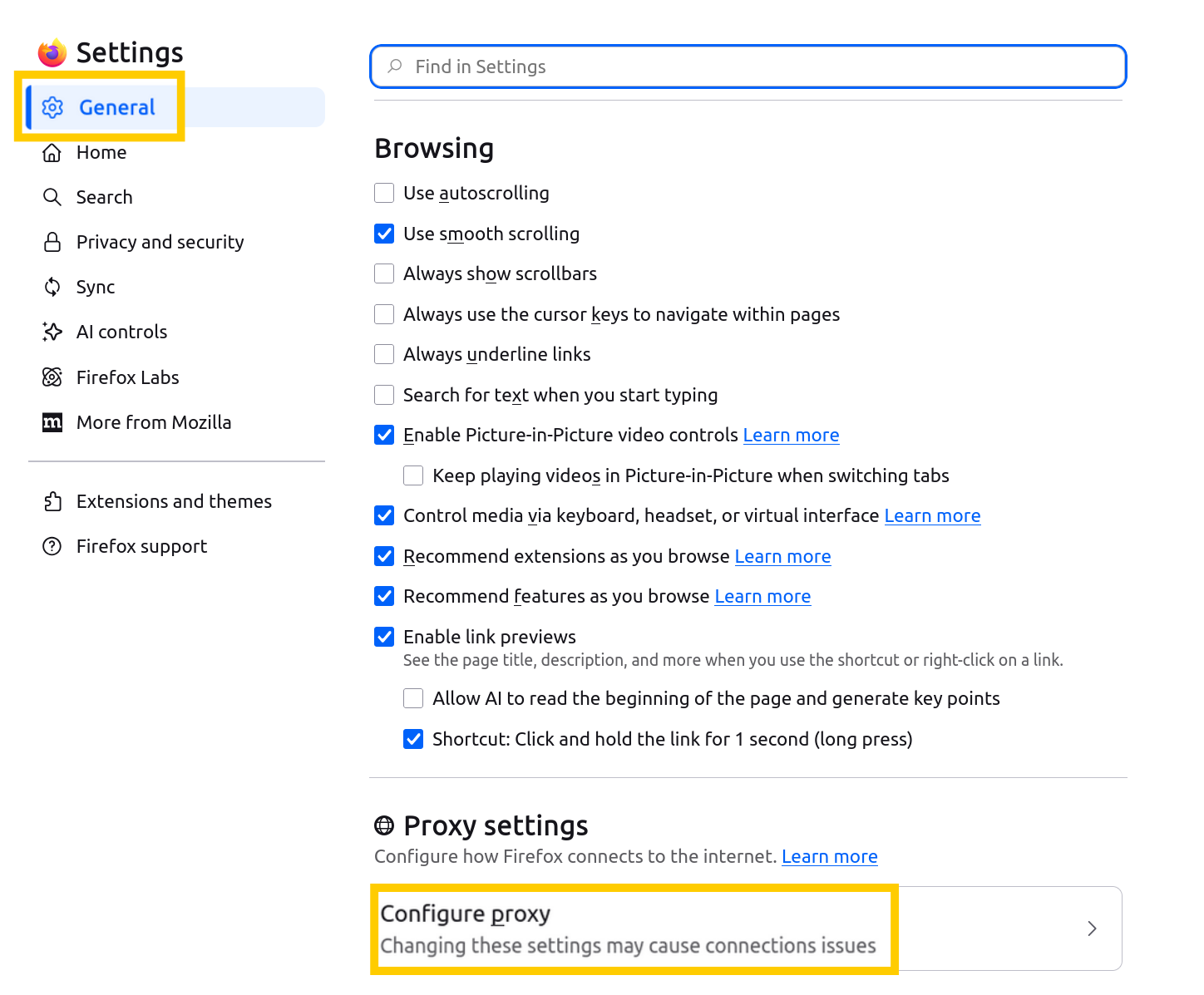 In den Firefox-Einstellungen sind die Optionen „Allgemein“ und „Proxy konfigurieren“ hervorgehoben.