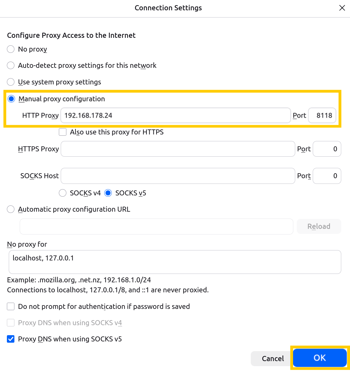 In den Verbindungseinstellungen von Firefox ist der Abschnitt „Manuelle Proxy-Konfiguration“ zu sehen, und die Option „OK“ ist hervorgehoben.