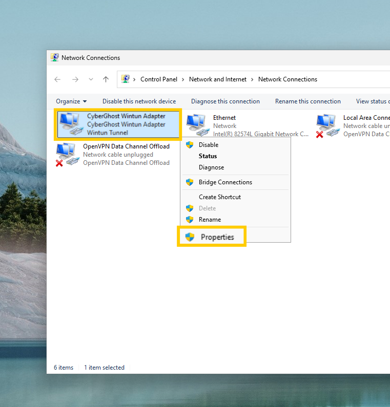 Das Fenster „Netzwerkverbindungen“ unter Windows 11, in dem die Verbindung zum CyberGhost Wintun-Adapter angezeigt wird und die Option „Eigenschaften“ hervorgehoben ist.