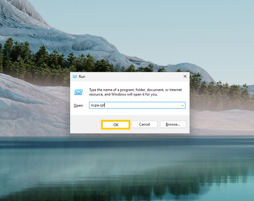 Die Windows-App „Ausführen“, in der die Option „OK“ hervorgehoben ist.