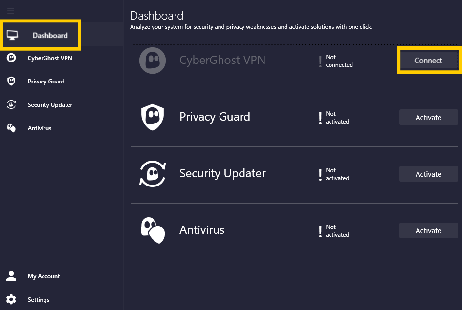 Application CyberGhost pour Windows avec les options Tableau de bord et Connexion en évidence.