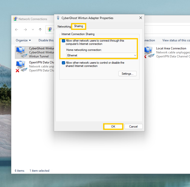 Propriétés de la carte réseau CyberGhost avec les paramètres de configuration et l'option OK en évidence.
