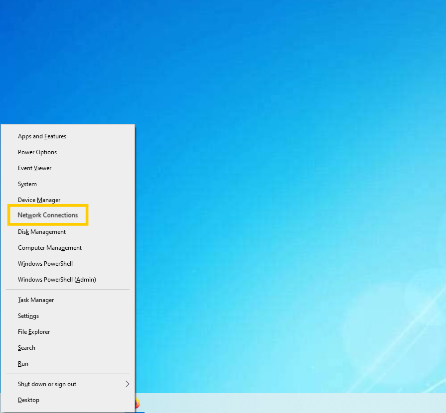 Windows 10 zeigt das Menü an, wobei die Option „Netzwerkverbindungen“ hervorgehoben ist.