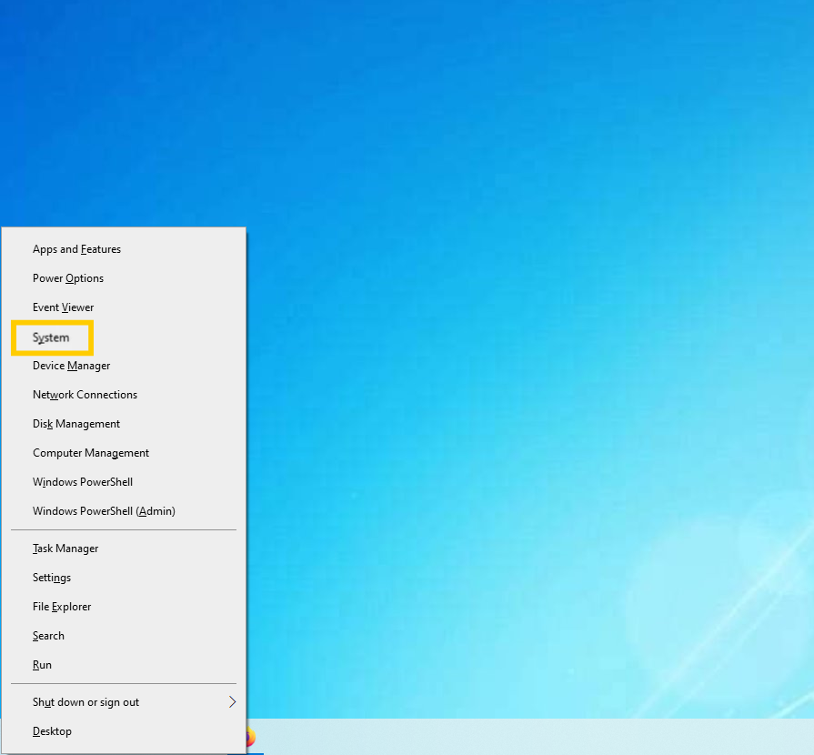 Windows 10 avec le menu et l'option Système en évidence.