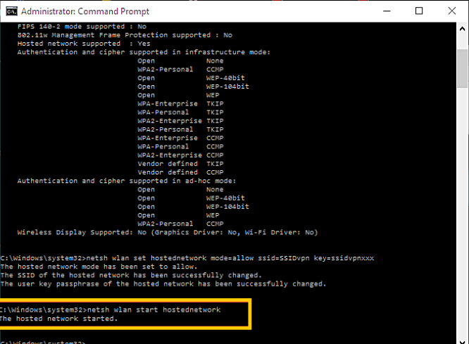 Invite de commandes Windows affichant la configuration réussie d'un réseau hébergé Wi-Fi via des commandes netsh, avec le message de confirmation Le réseau hébergé a démarré mis en évidence.