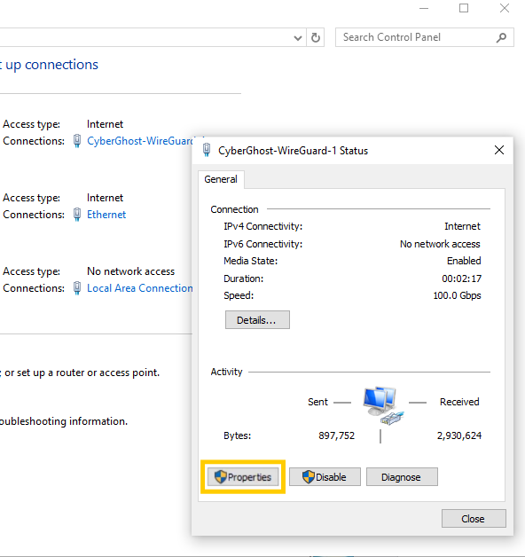 Paramètres de connexion CyberGhost sous Windows 10, avec l'option Propriétés en évidence.
