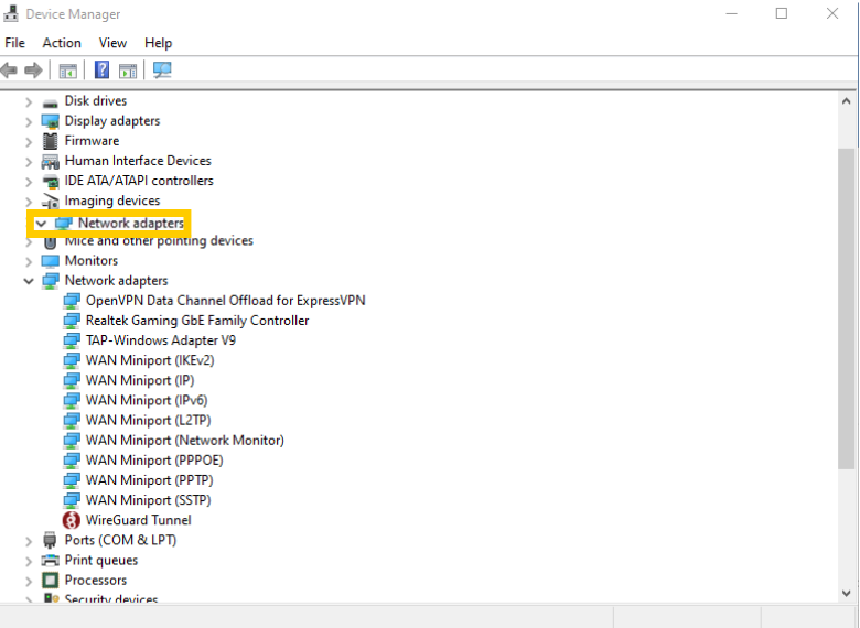 Gestionnaire de périphériques de Windows 10 avec l'option Cartes réseau en évidence.