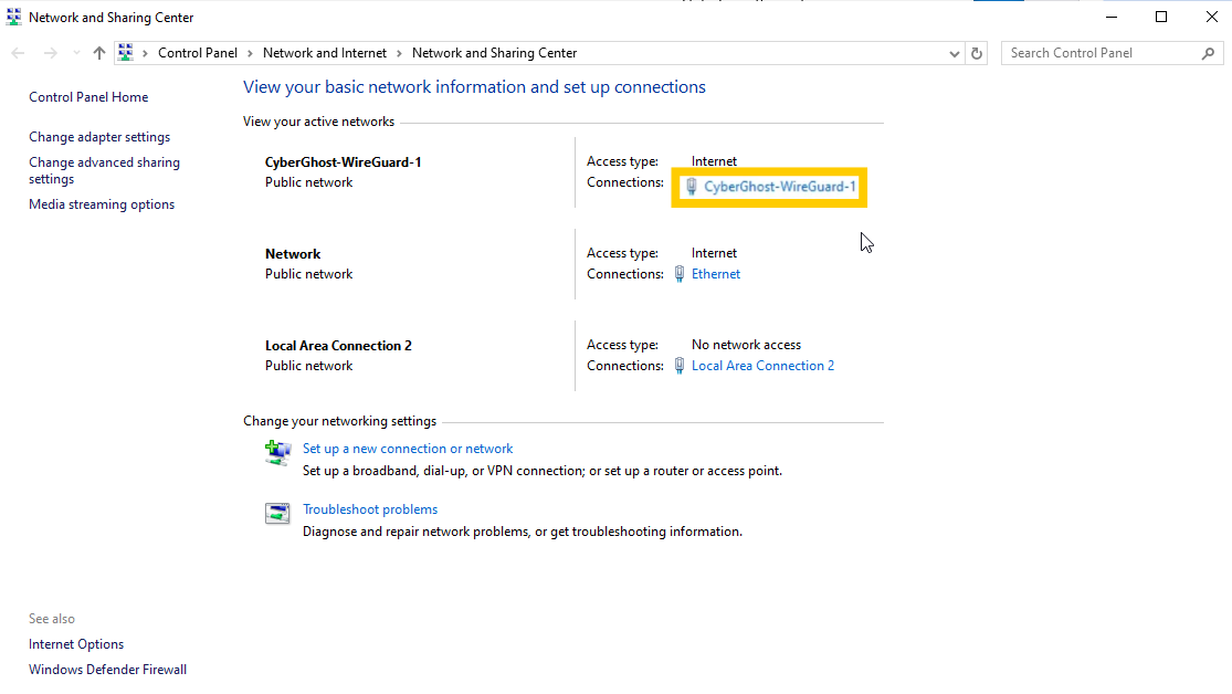 Centre Réseau et partage de Windows 10 avec l'option CyberGhost-Wiregard-1 en évidence.