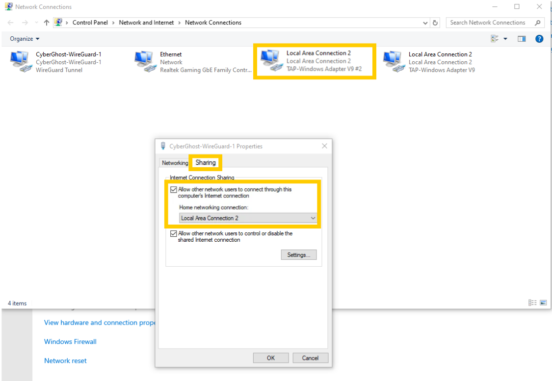 Fenêtre Connexions réseau de Windows 10 avec l'onglet Partage avec les options de partage, et l'option réseau Connexion au réseau local 2, en évidence.