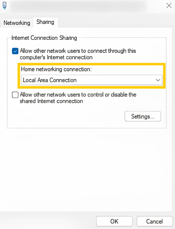 Optionen zur gemeinsamen Nutzung der Internetverbindung für den Adapter von CyberGhost VPN unter Windows 11. Das Dropdown-Menü „Heimnetzwerkverbindung“ ist hervorgehoben.