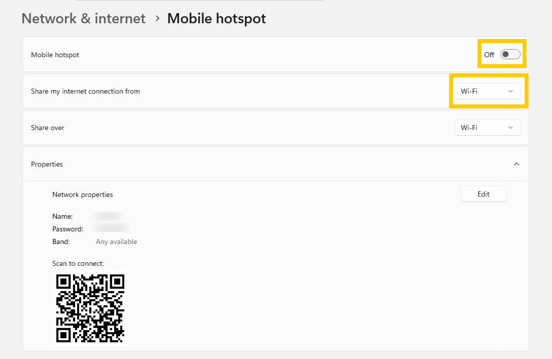 Seite „Mobiler Hotspot“ unter Windows 11. Der Schalter „Mobiler Hotspot“ und das Dropdown-Menü „Meine Internetverbindung freigeben von“ sind hervorgehoben.
