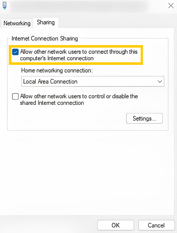 Optionen zur gemeinsamen Nutzung der Internetverbindung für den Adapter von CyberGhost VPN unter Windows 11. Die Option „Anderen Netzwerkbenutzern die Nutzung der Internetverbindung dieses Computers erlauben“ ist hervorgehoben.