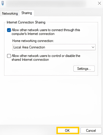 Optionen zur gemeinsamen Nutzung der Internetverbindung für den Adapter von CyberGhost VPN unter Windows 11. Die Schaltfläche „OK“ ist hervorgehoben.