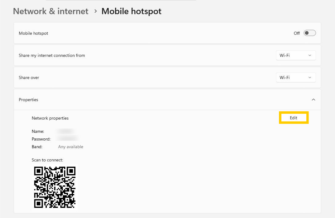 Page du point d'accès mobile sous Windows 11. Le bouton Modifier est mis en évidence.