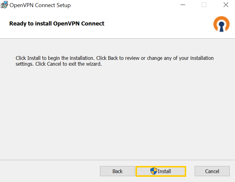 Page d'installation d'OpenVPN Connect sous Windows. Le bouton Installer est mis en évidence.